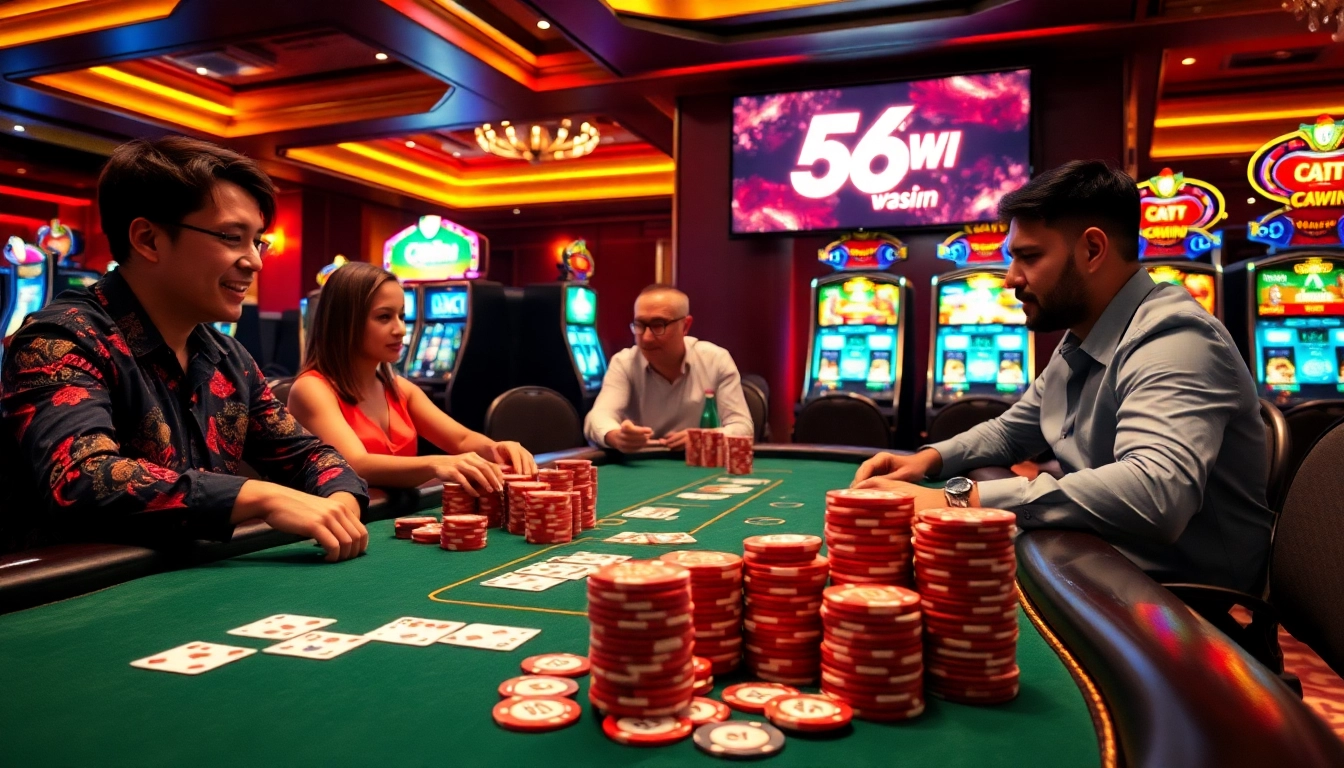 Exciting scene featuring players at a poker table with cards and chips, promoting Nhà Cái 56WIN's upscale gambling experience.