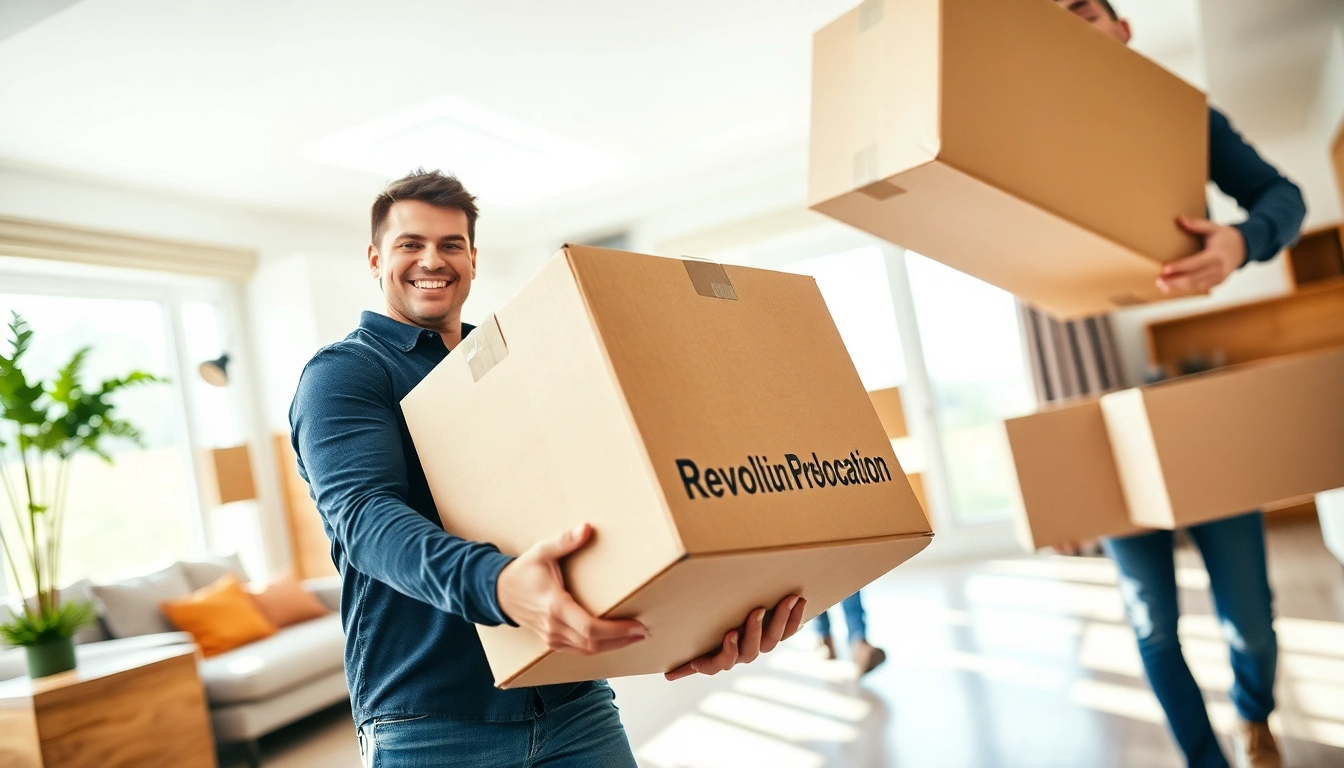 Moving team exemplifying Revolution Relocation by carefully handling a labeled box in a bright home.