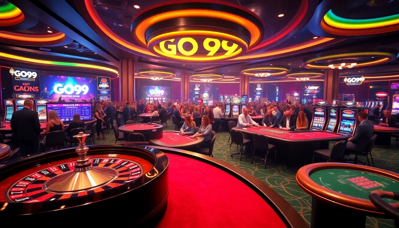 Players engaging in the thrilling atmosphere of GO99 casino games, filled with vibrant colors and excitement.