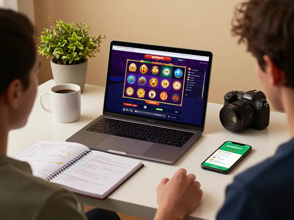 Engaging online gaming session at home with gojekpot interface displaying slot games and responsible gambling tips.