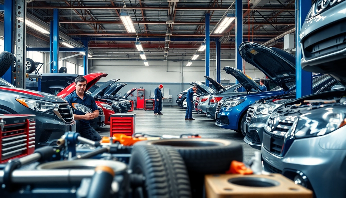 Find auto repair near me with skilled mechanics working efficiently in a busy garage.