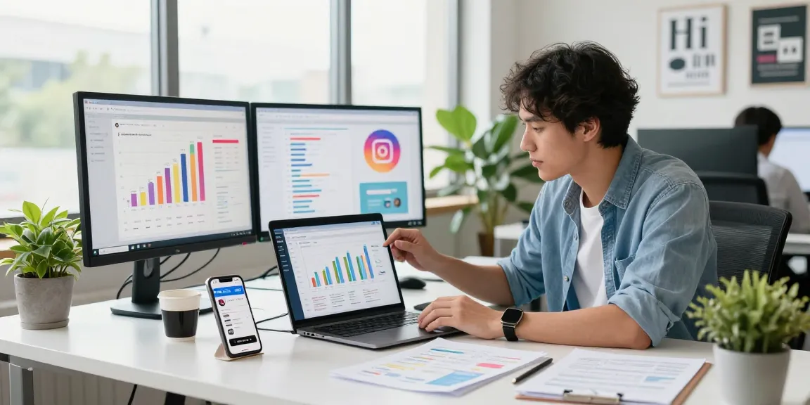 Purchase Instagram followers effectively in a modern digital workspace, showcasing analytics and strategy.