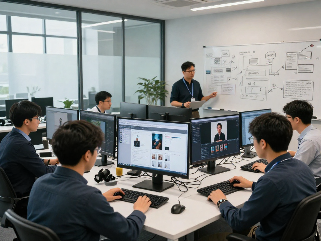 AI image detector team analyzing content moderation data in an innovative workspace.