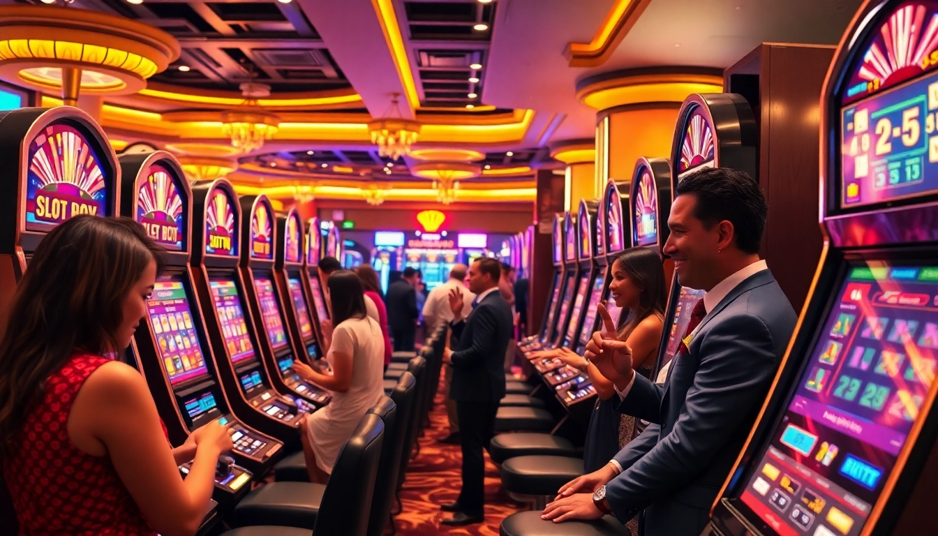 Gamblers enjoying thrilling slot depo 5k experience in a vibrant casino atmosphere.