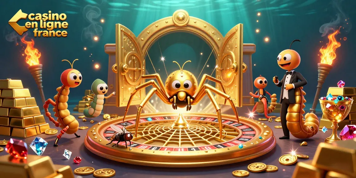 Roulette et paris dans un casino en ligne France, avec araignée dorée et croupier centipède.