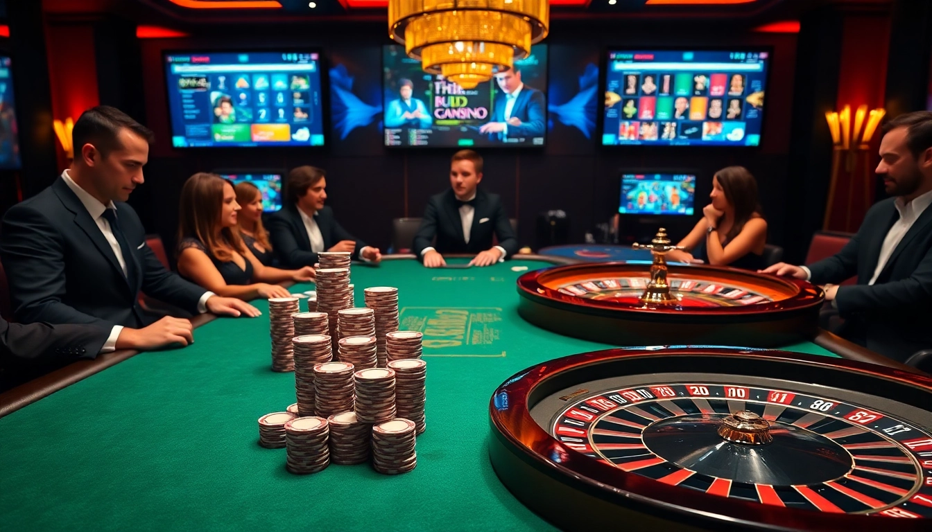 Joueurs de casino en ligne profitant d'une partie de poker palpitante entourés de jetons et de cartes.