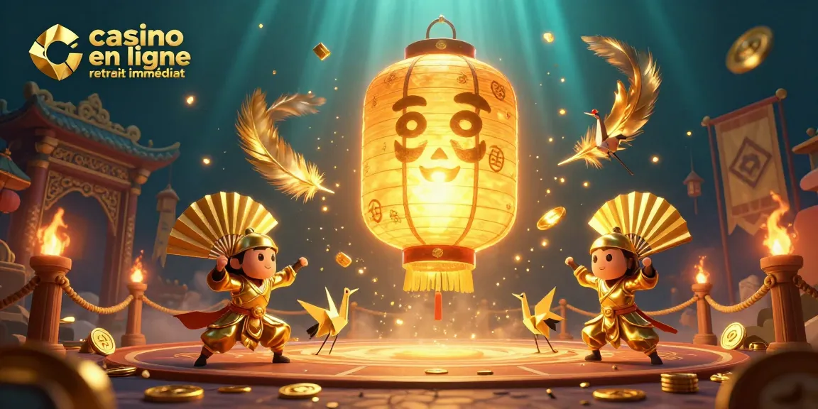 Jouez à casino en ligne retrait immédiat dans un monde animé de lanternes et guerriers fan, illustrant une expérience immersive.