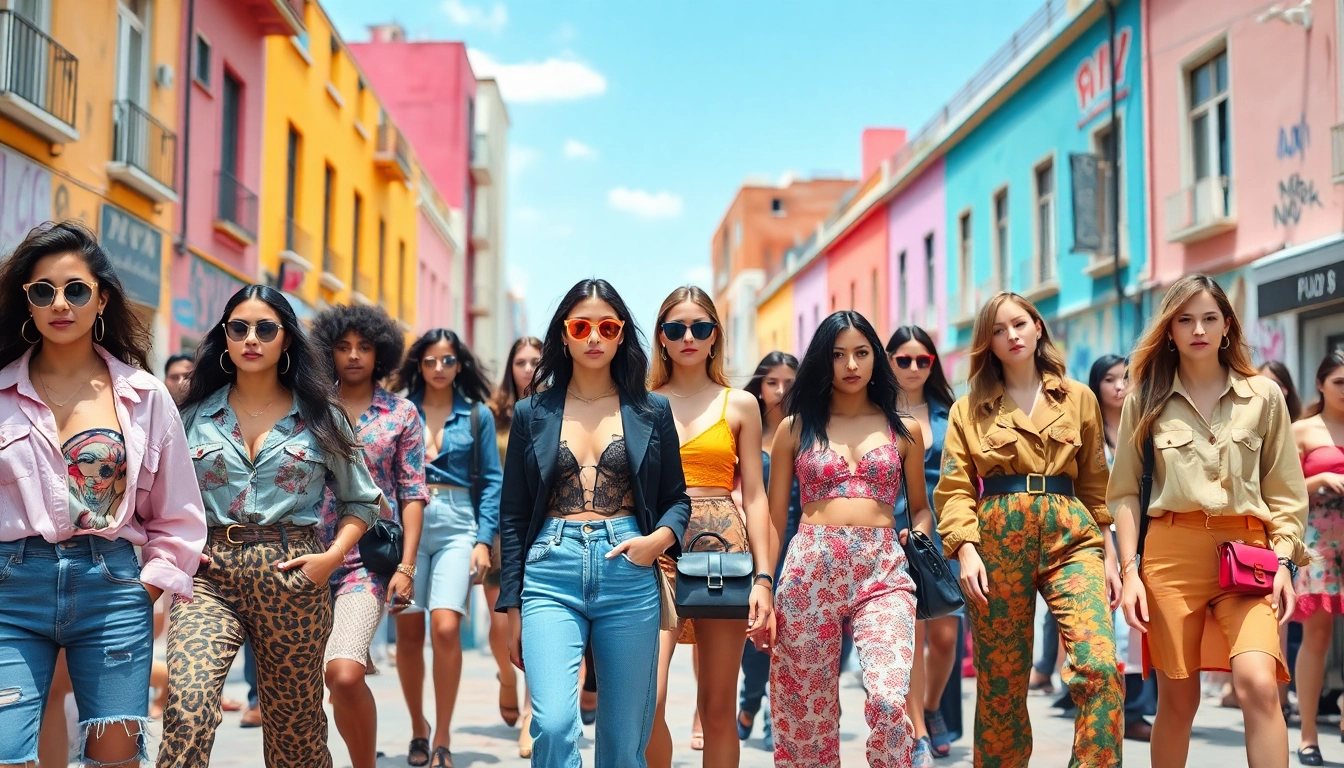 Fashion models in vibrant outfits showcase eclectic styles in an urban street setting.