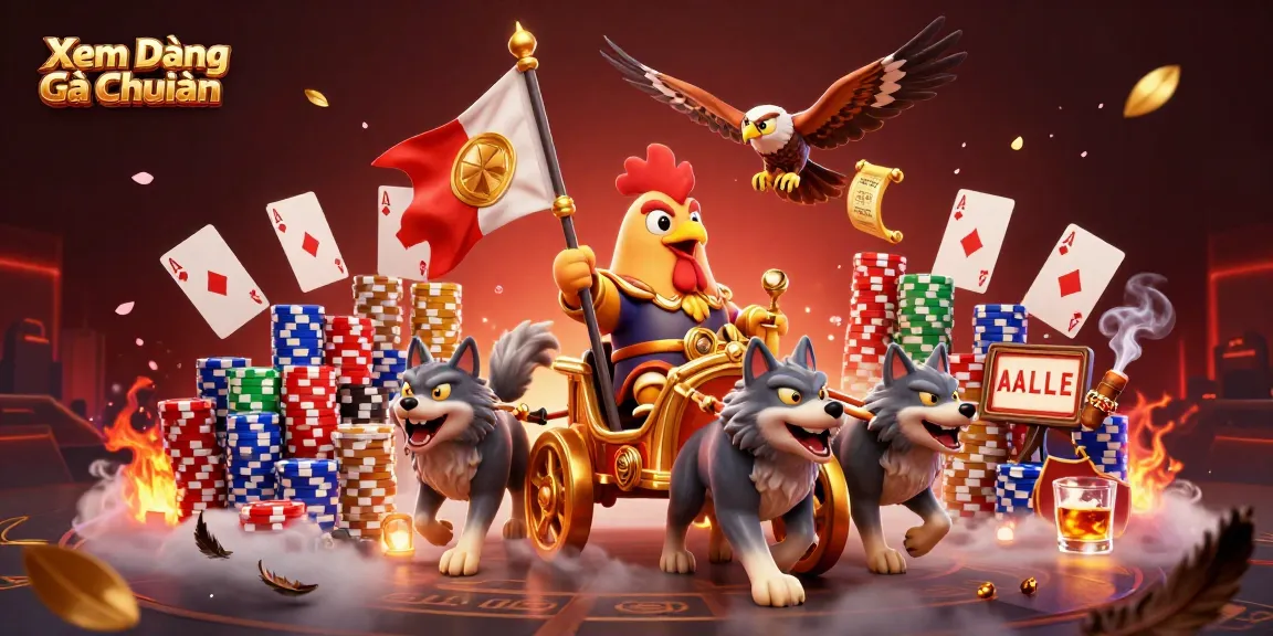 Xem Dáng Gà Chuẩn features a rooster warlord in action, showcasing a bustling gambling arena.