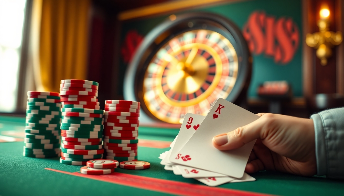 Explore exciting casino bonuses with vibrant poker chips and a roulette wheel in a lively casino scene.