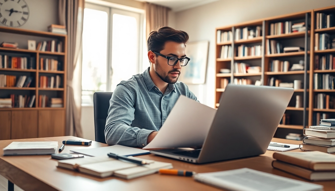 Author concentrating on writing in a modern home office filled with books.