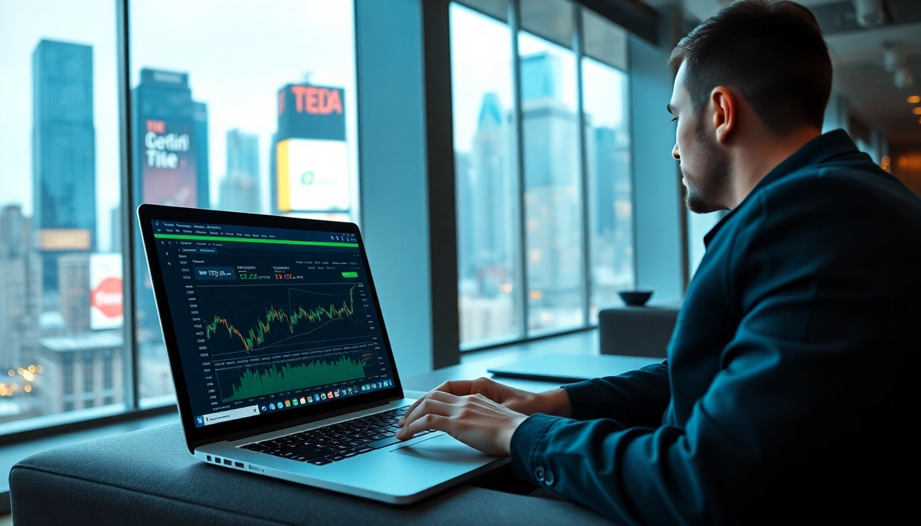 Trader engaged in crypto quant trading analysis with data charts on a laptop in a vibrant office.