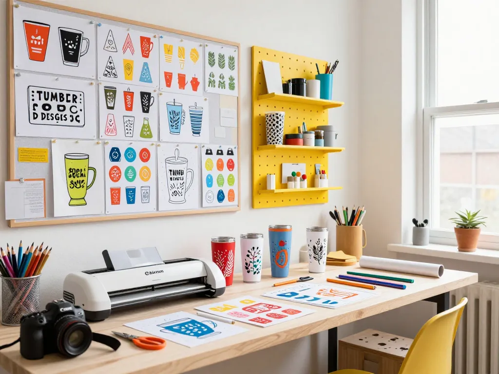 Artist designing unique tumbler designs using svg bundle in a bright craft studio.