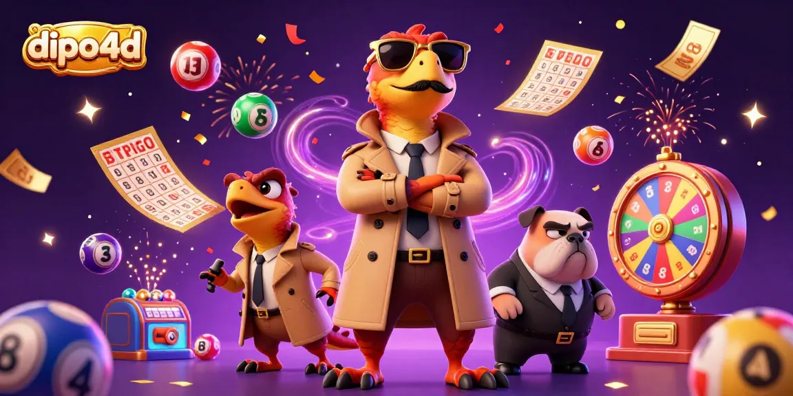 Dipo4d reveals three raptors stealthily entering a casino lounge amidst colorful lottery balls and a suspicious bulldog bouncer, showcasing excitement.