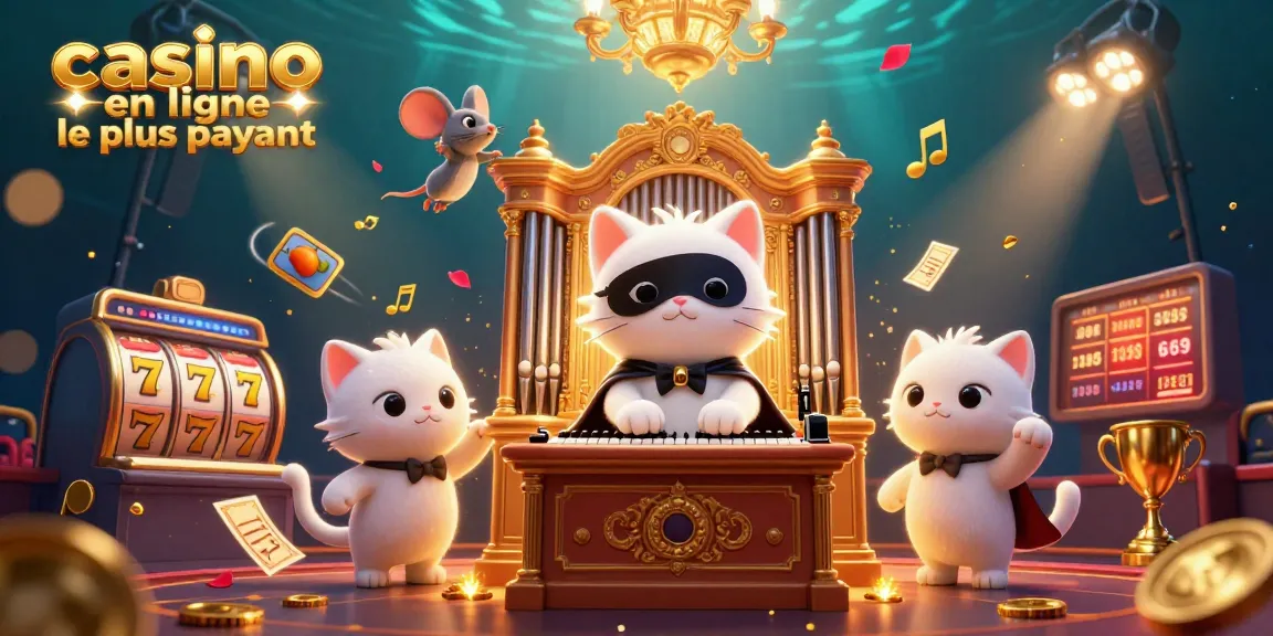 Illustration colorée représentant le casino en ligne le plus payant avec un chat et des éléments de jeu captivants.