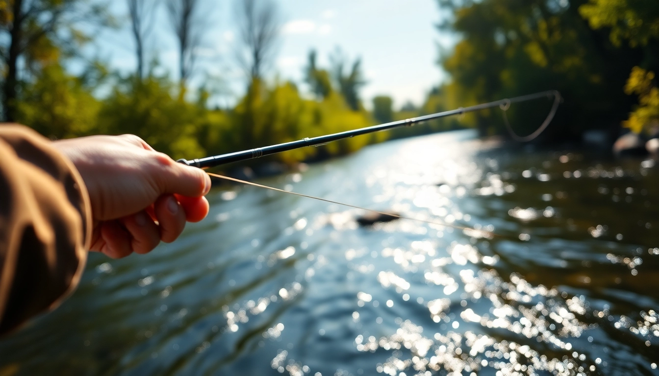 Fly fishing line in control as an angler masters their technique amidst a tranquil river setting.