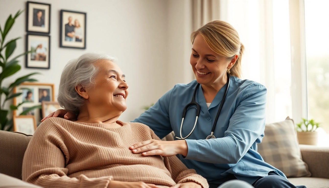 Engaging scene of senior home care austin with a caregiver supporting an elderly client in a cozy living room.