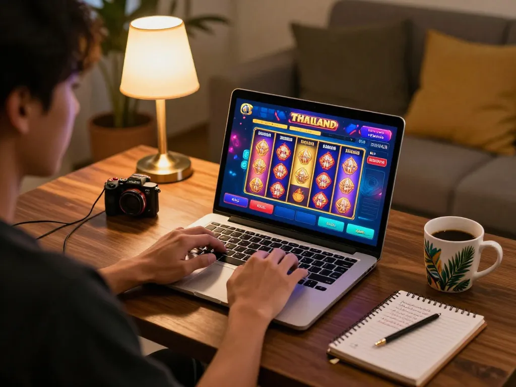 Engaging gameplay of slot Thailand games on a laptop in a cozy home setting, highlighting excitement and strategy.