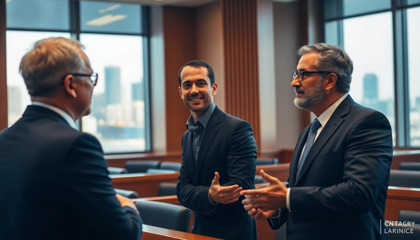 Engaged San Antonio truck accident lawyer consulting with a client at a courthouse, highlighting expertise and trust.