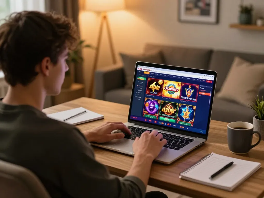 Player engaging with Okwintv online casino on laptop at home desk, showcasing a strategic gambling moment.