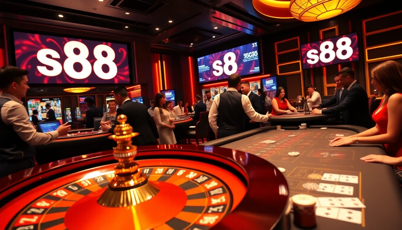 Experience the excitement of casino gameplay with s8 poker chips and dealers at a vibrant roulette table.