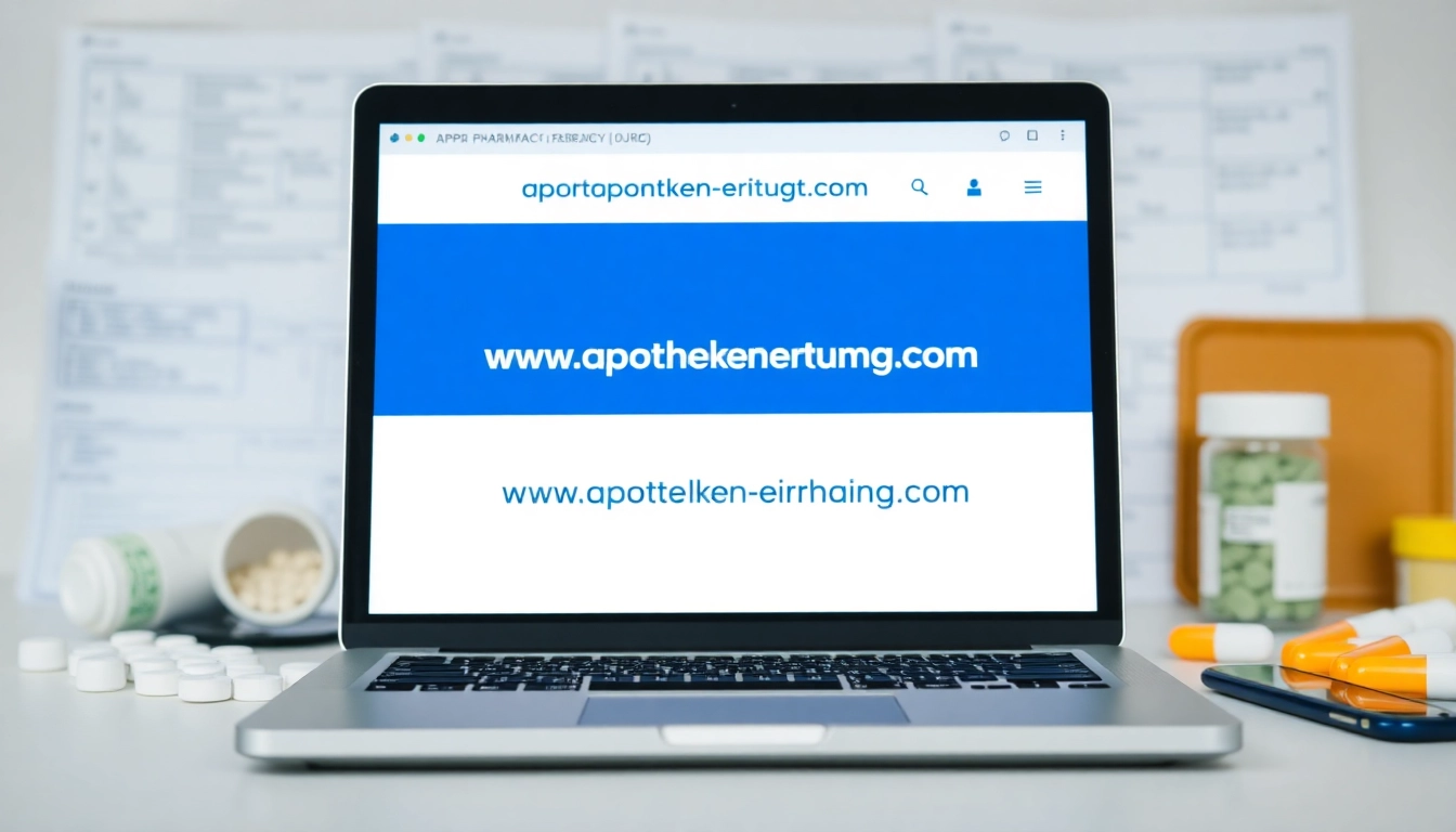 Bewerten Sie Online-Apotheken auf https://www.apotheken-erfahrung.com mit einem Laptop und Medikamenten im Hintergrund.