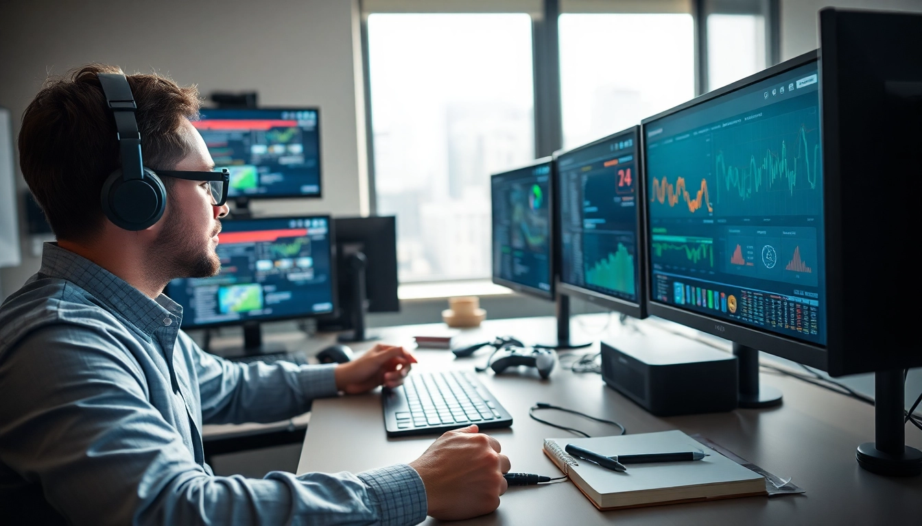 Performing game quality assurance checks in a bright workspace filled with gaming software.