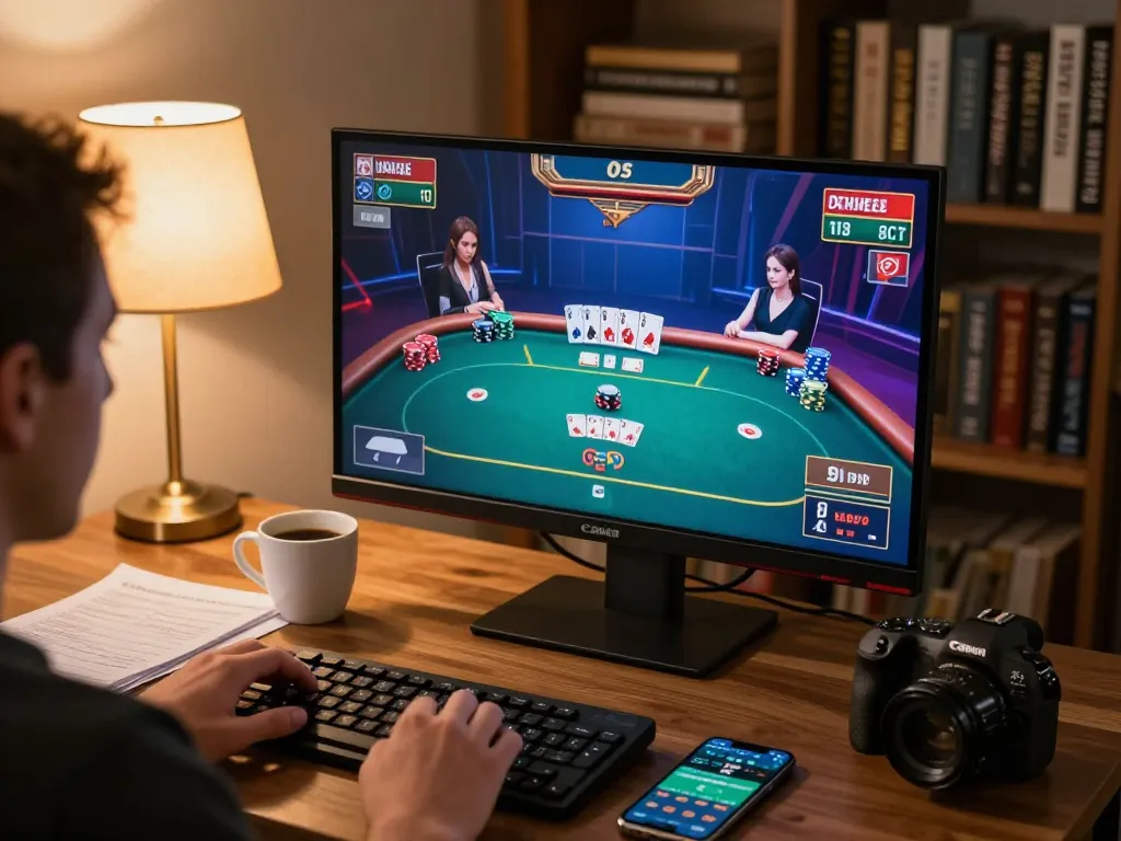 Engaged player on laptop for thabet online poker game featuring vibrant screen action and strategy notes.