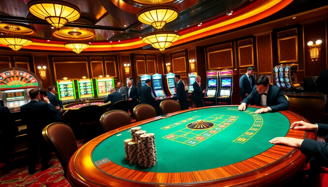 Jeu captivant dans un casino en ligne avec poker, roulette et machines à sous dans une ambiance vibrante.