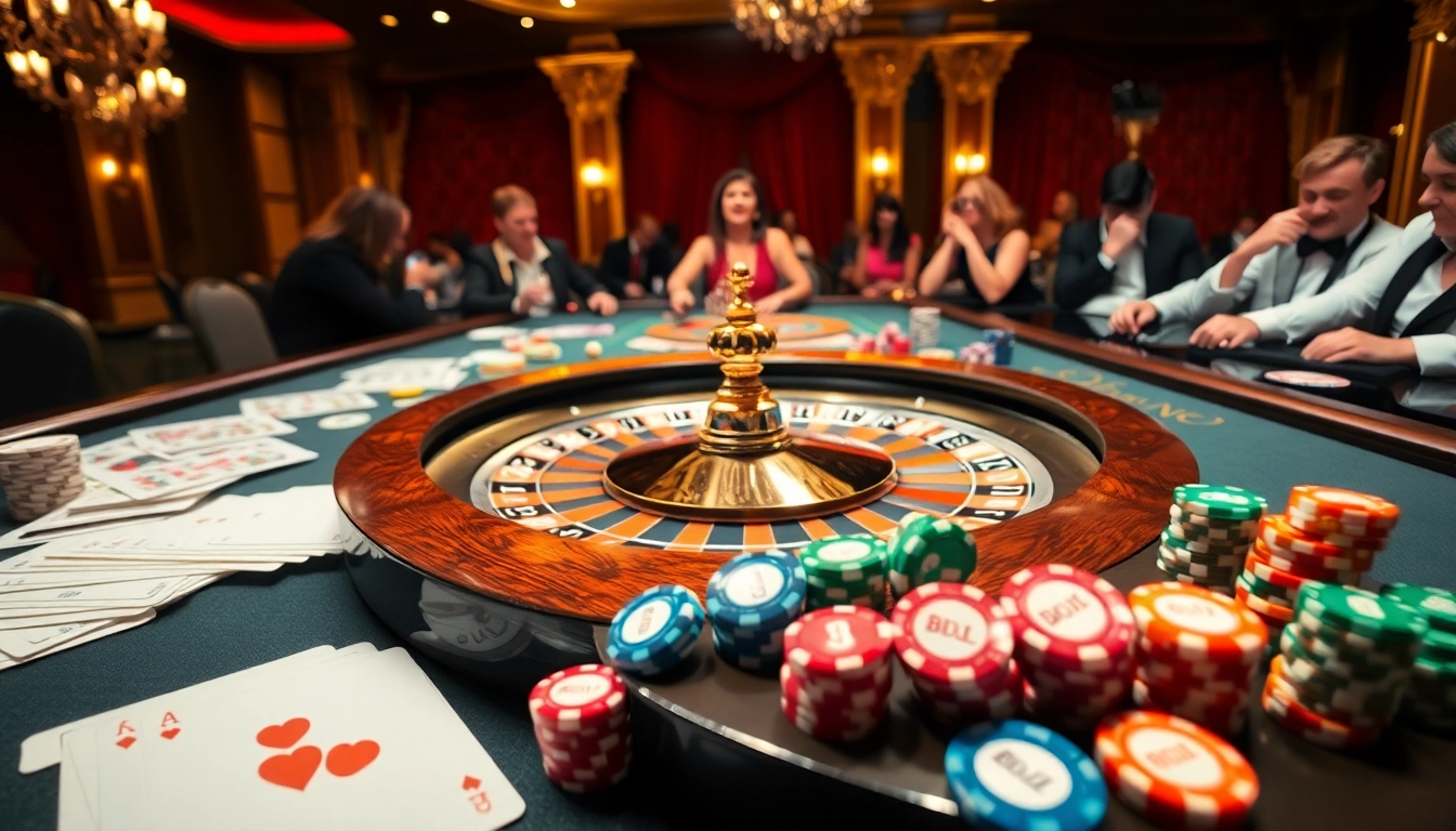 Exciting casino scene featuring BDJL branding on poker chips, roulette table, and players immersed in games.