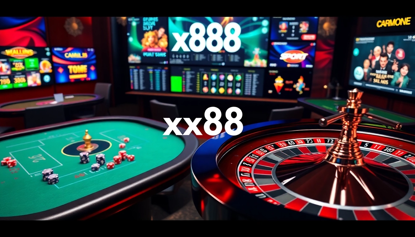 Experience high-stakes action with xx88 casino gaming, featuring vibrant roulette and poker tables.