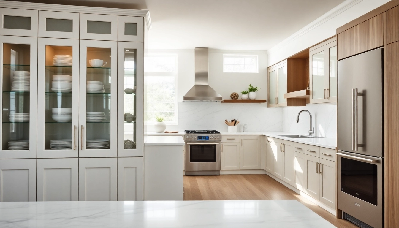 A beautifully designed custom cabinet showcasing curated dishware in a modern kitchen.