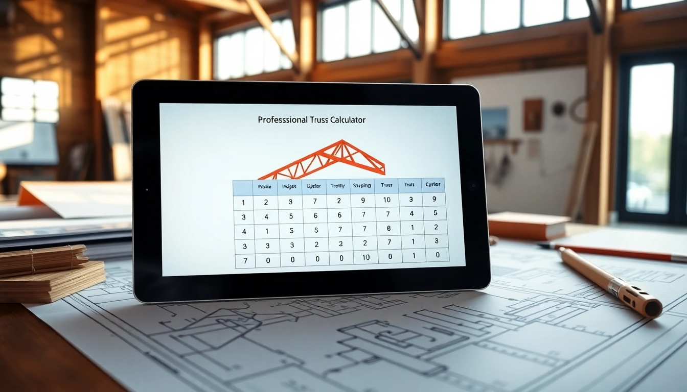 Utilize a truss calculator displayed on a tablet among architectural designs and tools.