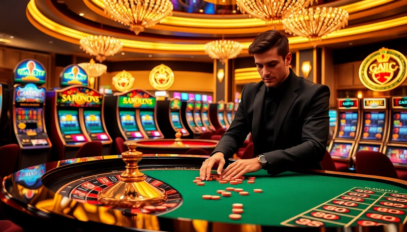 Gambler placing bets at a professional casino table with gavb79 branding.