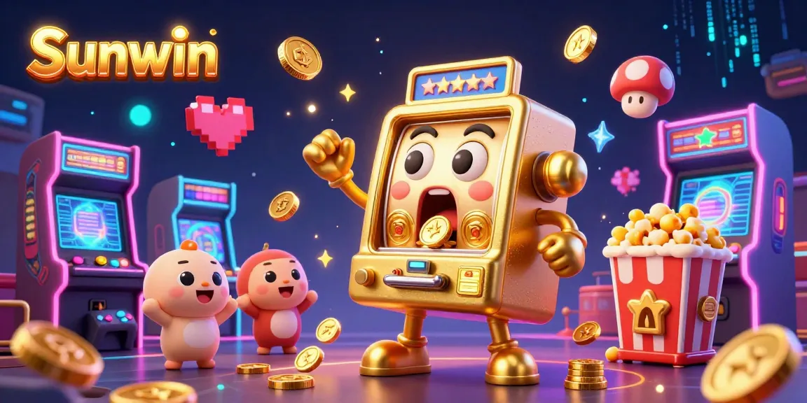 Experience the excitement of Sunwin as a golden slot machine hits the jackpot, surrounded by cheering characters and dynamic gaming elements.