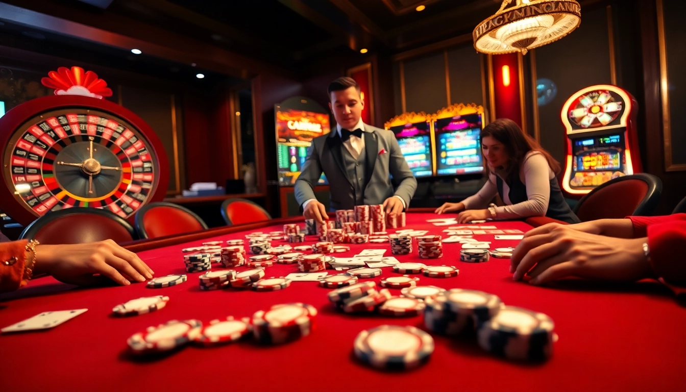 Gagnez gros au casino en ligne avec une partie de poker palpitante mettant en scène des jetons et des cartes colorés.