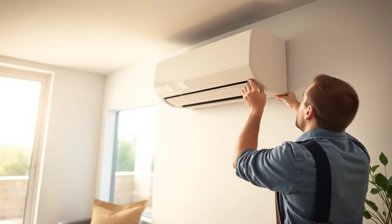 Showcase of ductless mini-split installation by a technician in a modern living room