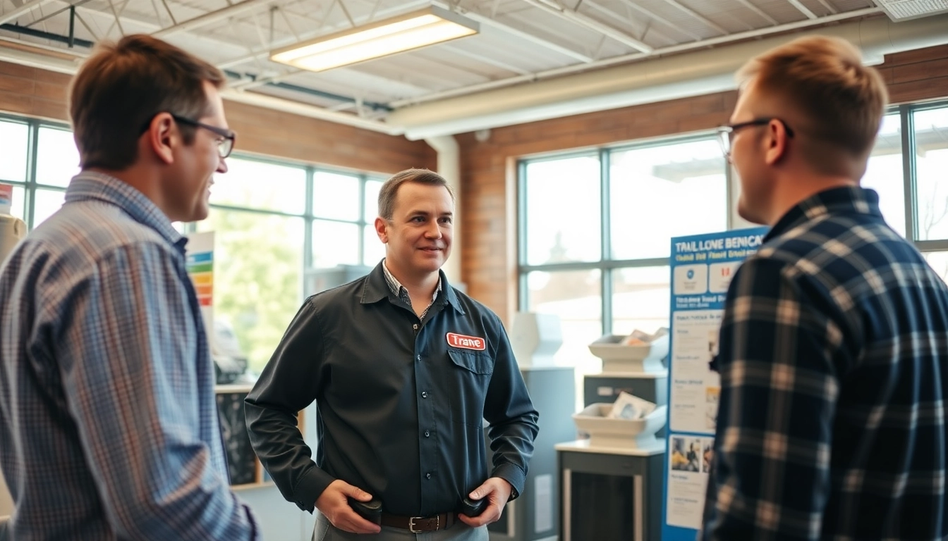 Trane furnace dealer demonstrating a furnace in a modern showroom.