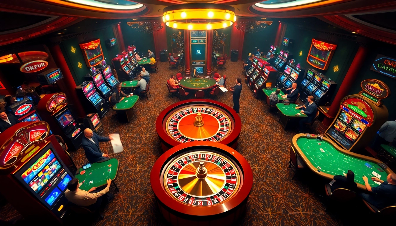 Enjoy thrilling casino action at Okfun with vibrant roulette wheels and blackjack tables packed with players.