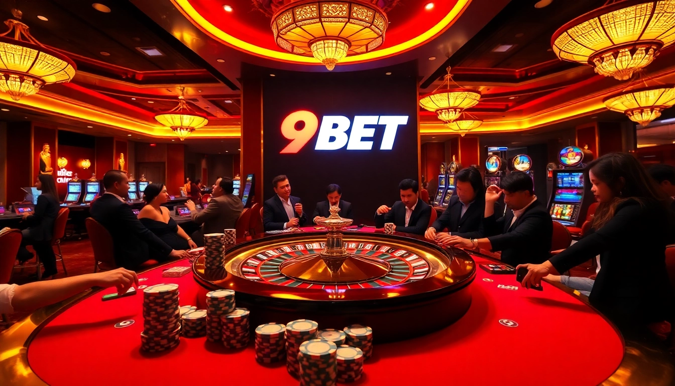 Exciting casino scene showcasing 9BET logo with vibrant gaming elements like roulette and poker chips.