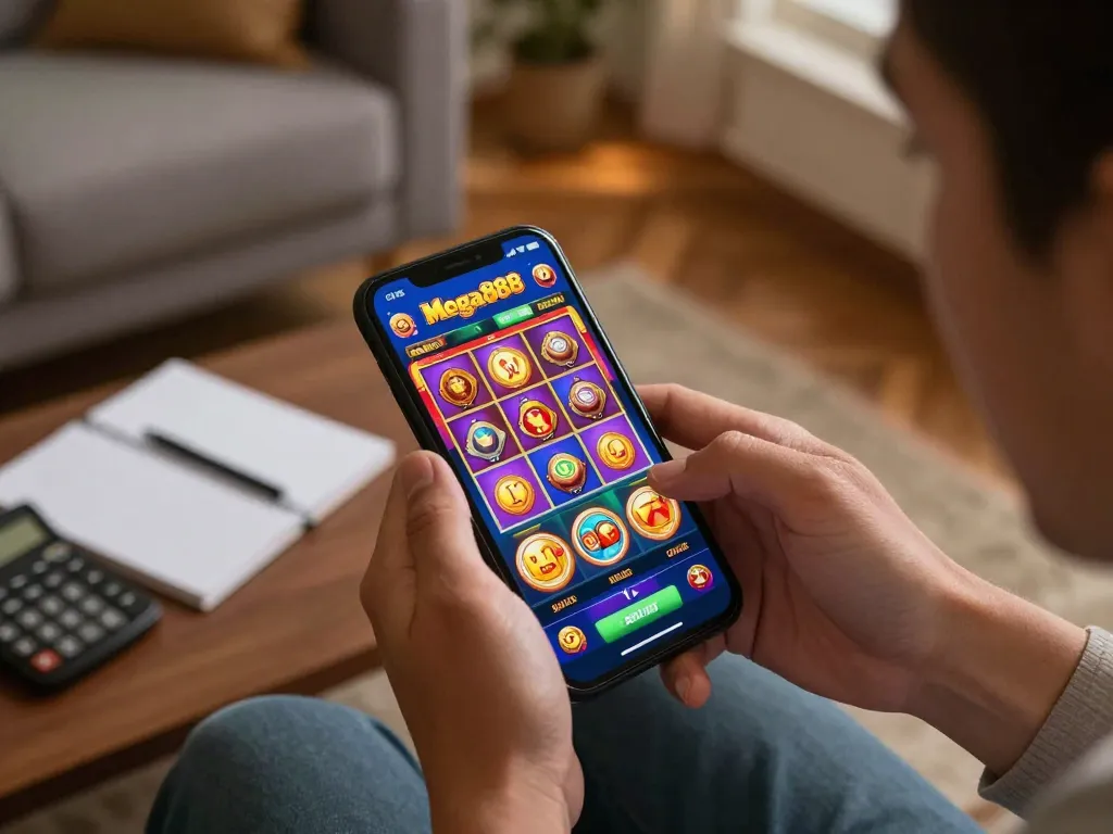 Engaging Mega888 gaming experience on mobile, showcasing colorful interface and user interaction in a cozy home.