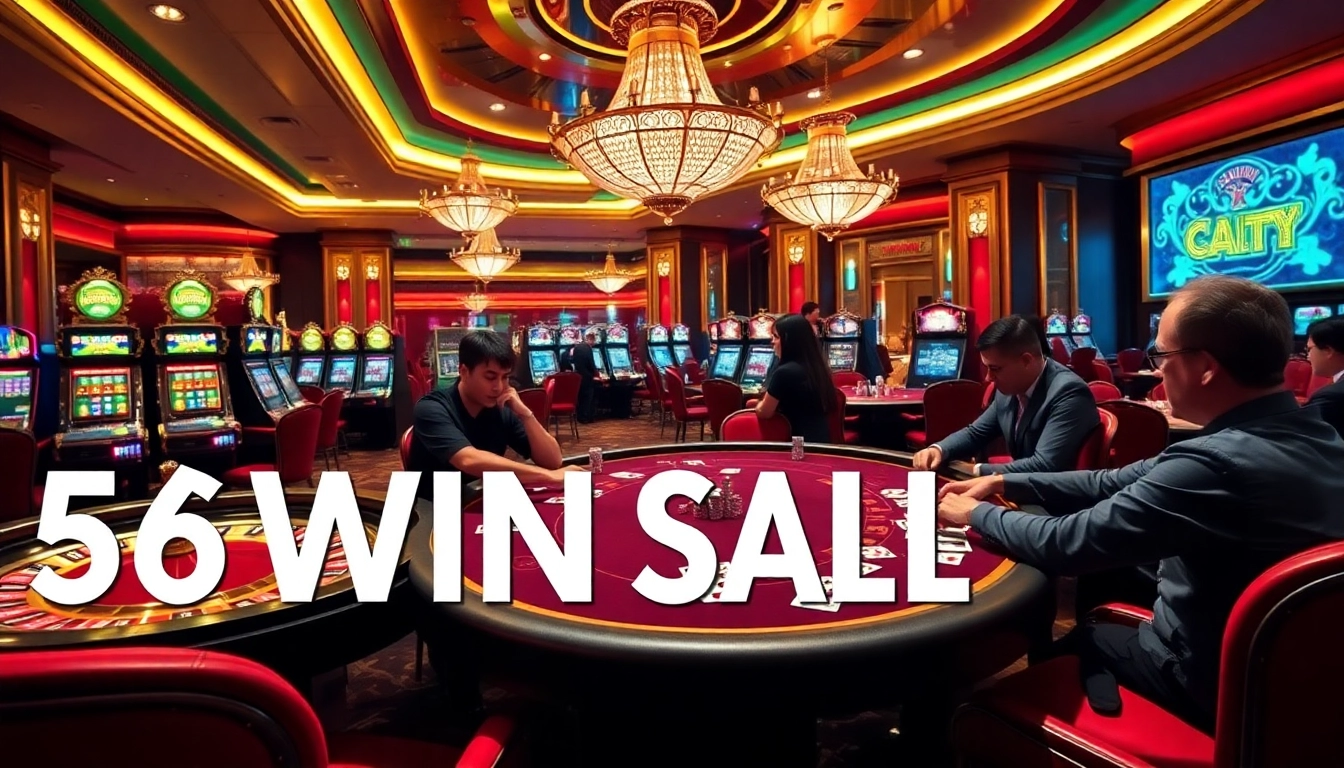 An exciting gaming scene showcasing the 56WIN SALE with poker players at the table, vibrant slot machines, and a spinning roulette wheel.