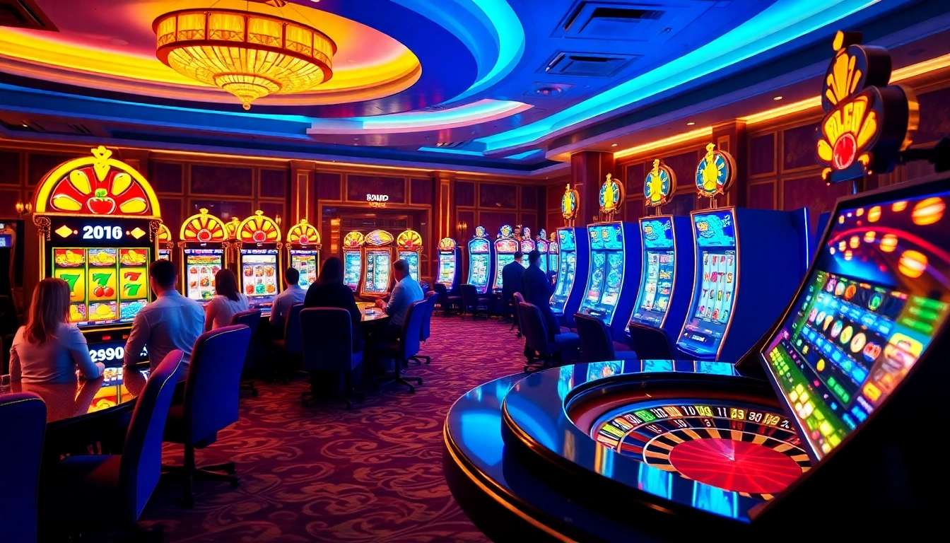 Engaged players enjoying vibrant 온라인슬롯 games in a luxurious casino atmosphere.