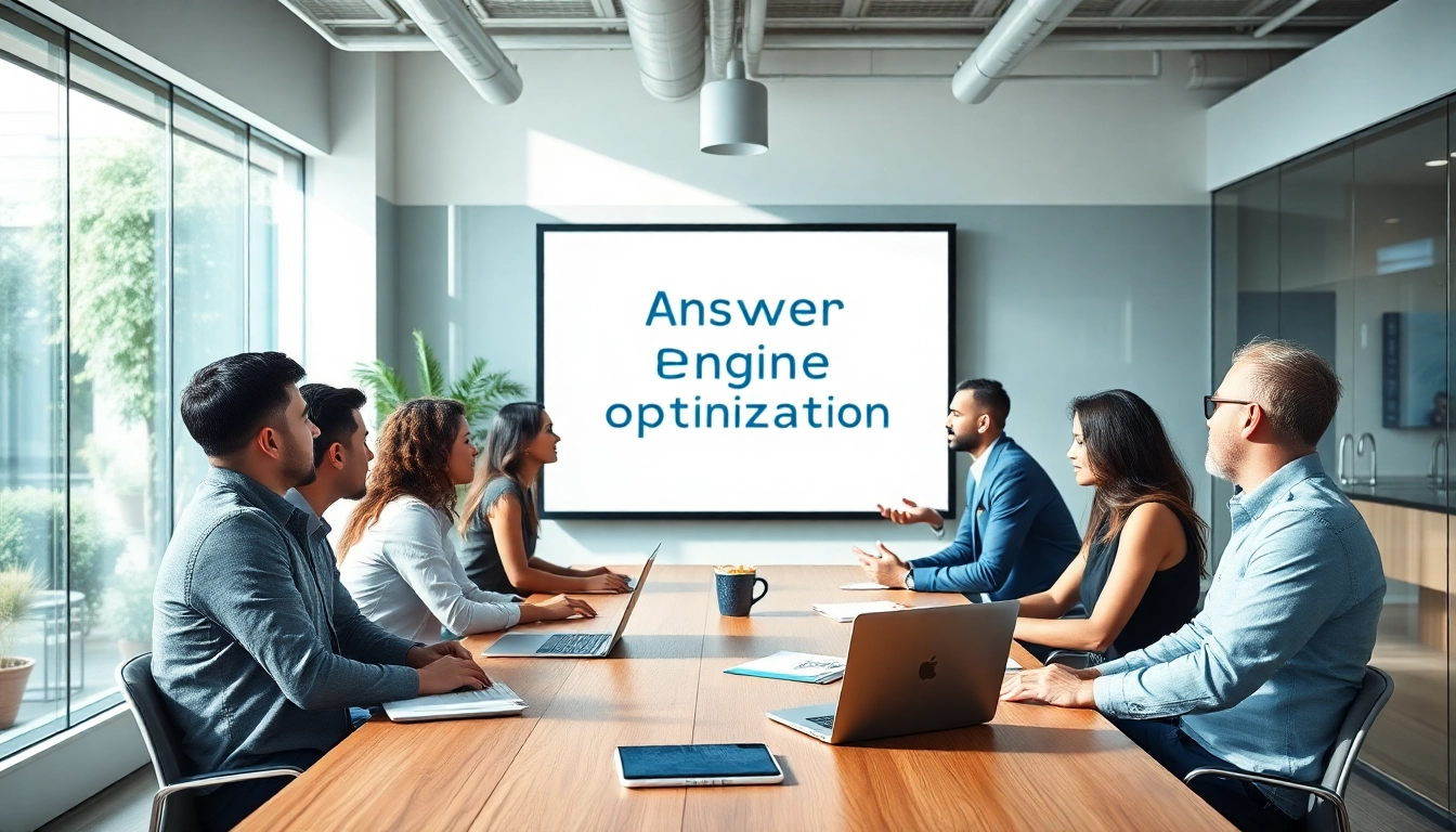 Engaged team discussing answer engine optimization strategies in a bright office.