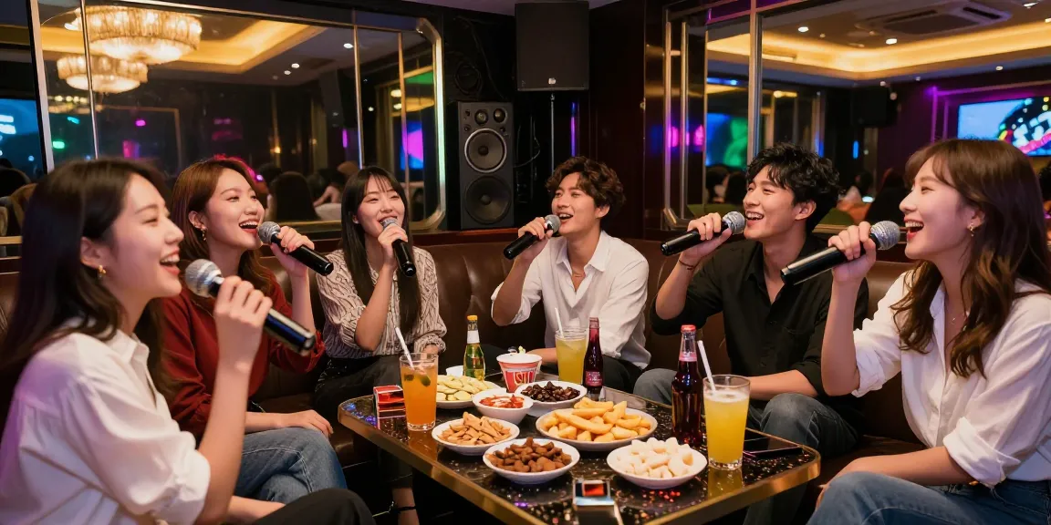 강남 가라오케에서 즐거운 시간을 보내는 친구들, 고급 인테리어와 음향 시스템, 생동감 넘치는 분위기