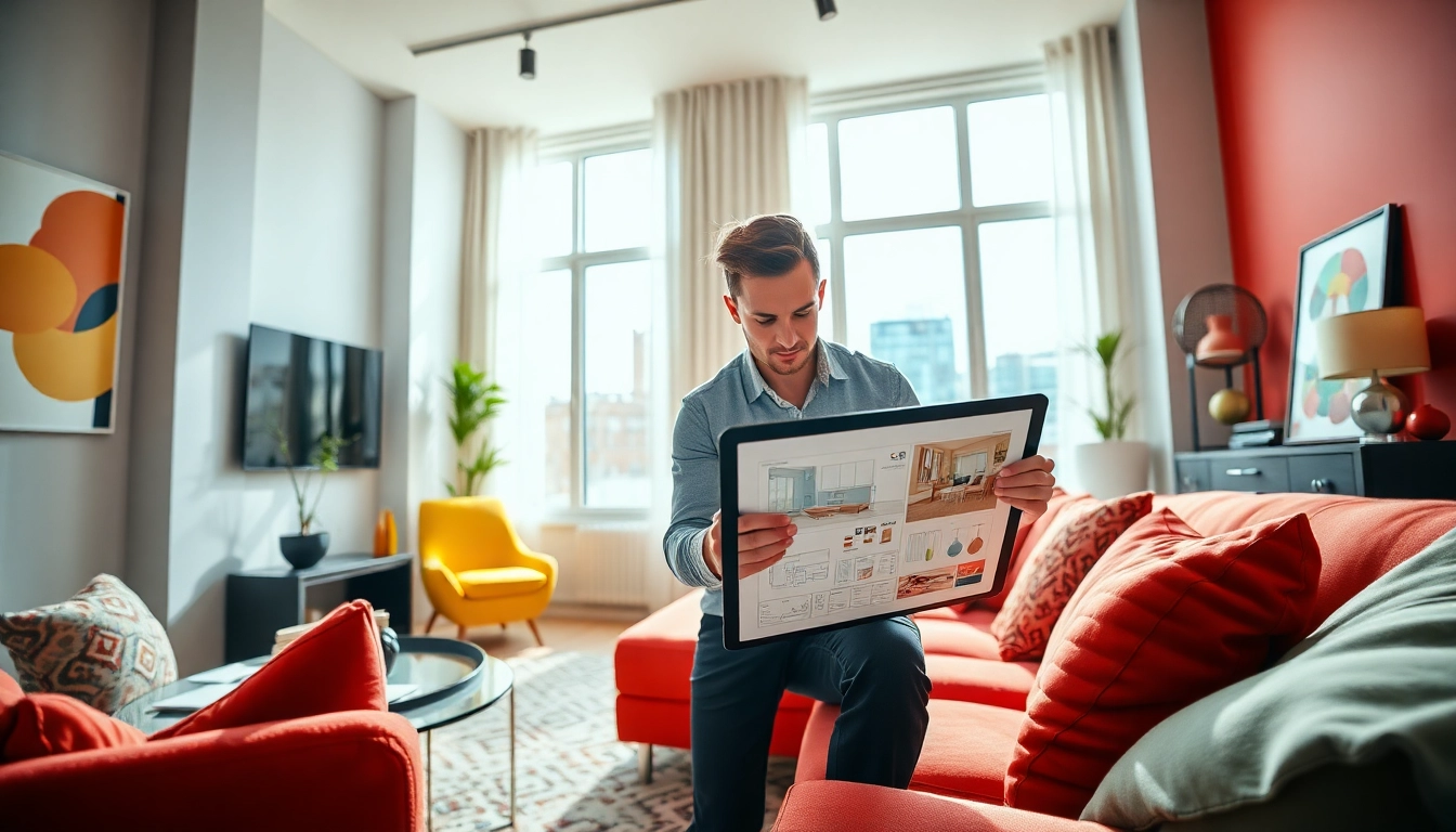 Projektowanie wnętrz online przez profesjonalnego projektanta w nowoczesnym apartamencie.