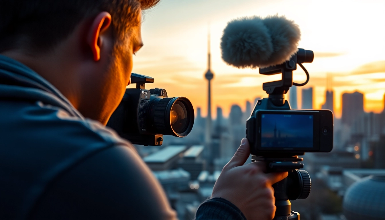Engaging Toronto videography scene with a videographer capturing the skyline at sunset.