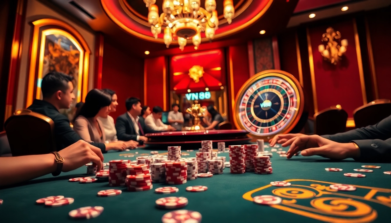 Engaged players enjoying VN88 online casino games with vibrant poker chips and roulette.