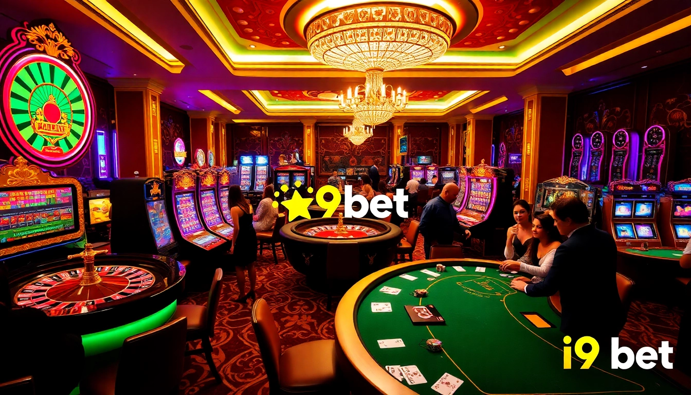 Excited players enjoying casino games at i9bet, featuring vibrant tables and slot machines.