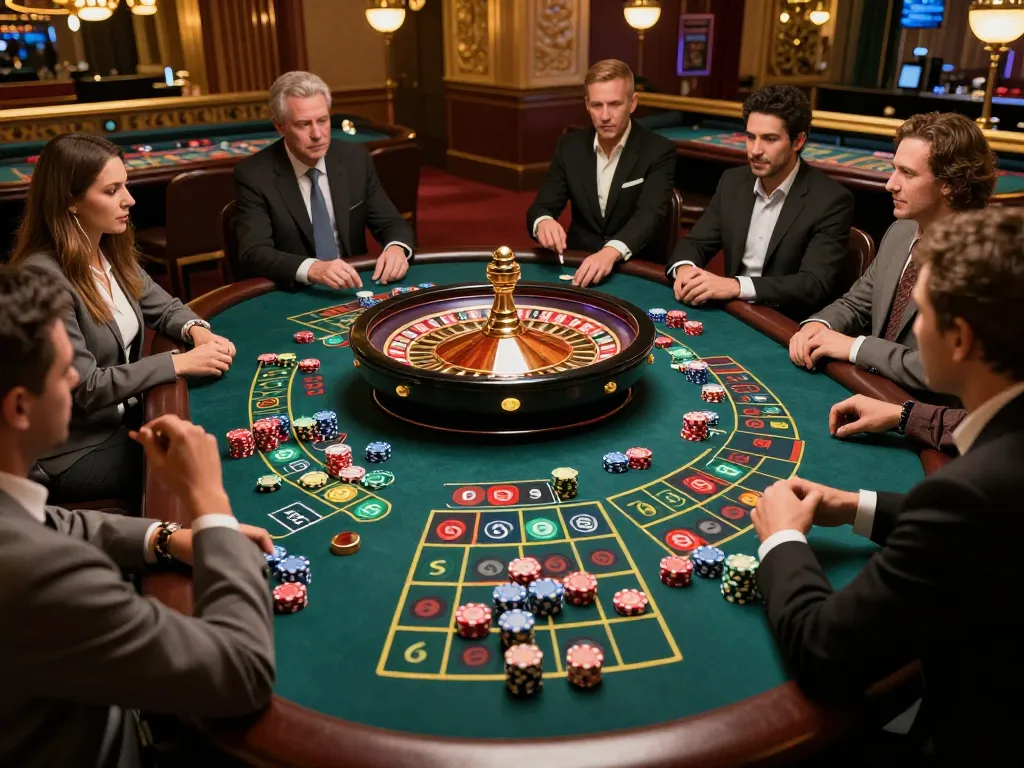Exciting roulette action with players engaged at the table as 오피스타 offers top gaming thrills.